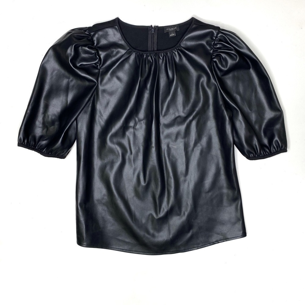 Ann Taylor Faux Leather Puff Sleeve Top Black Vegan Leather Blouse Edgy S